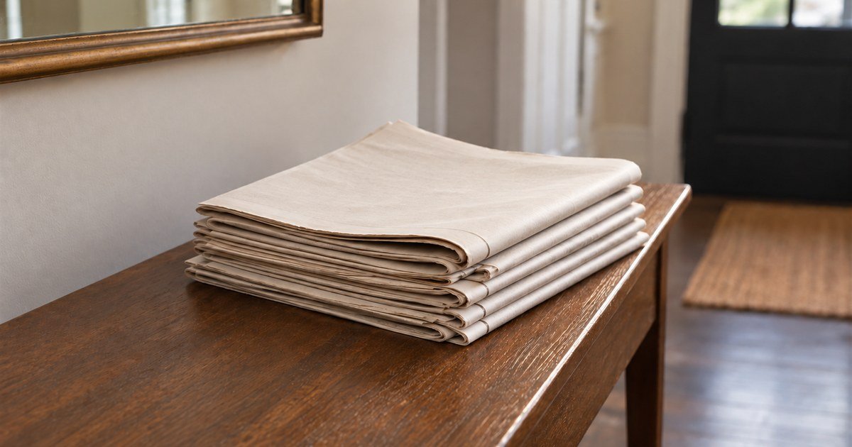 A neat stack of folded cream cloth on the corner of a dark wooden table