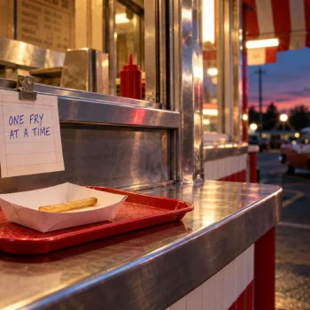 A drive-in burger stand order window at dusk with a tray holding a single French fry and an order ticket reading ONE FRY AT A TIME