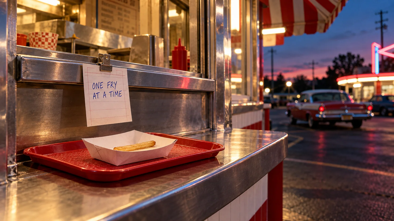 A drive-in burger stand order window at dusk with a tray holding a single French fry and an order ticket reading ONE FRY AT A TIME