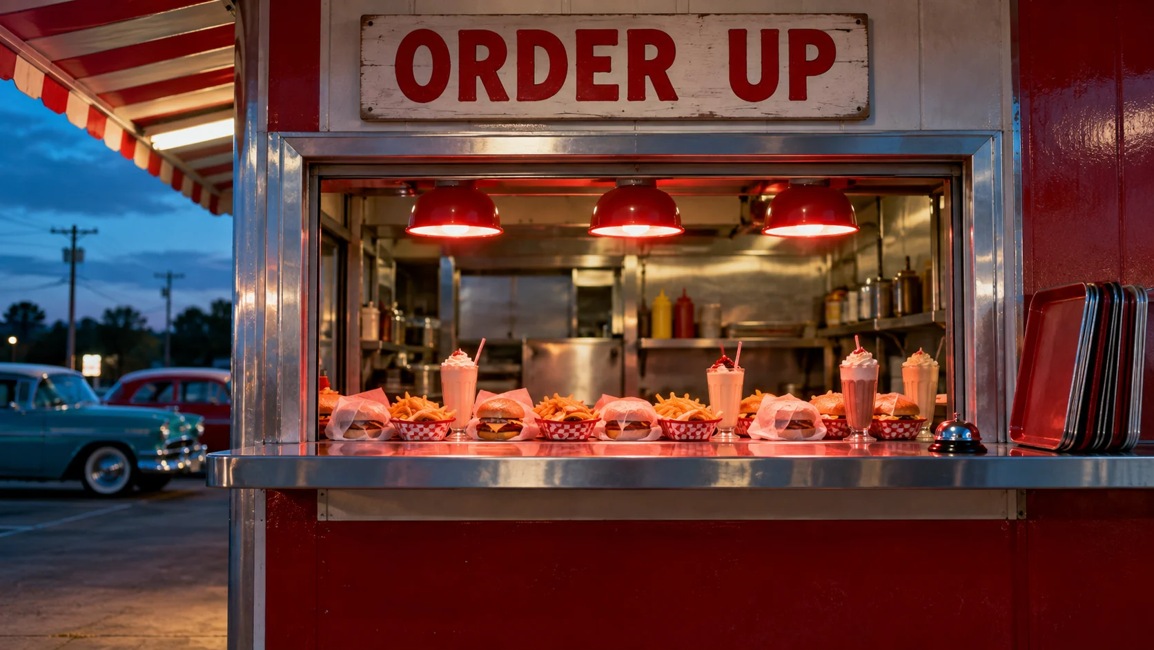 A drive-in stand pickup window with plates and trays lined up under warm heat lamps, nobody collecting them, and a sign reading ORDER UP