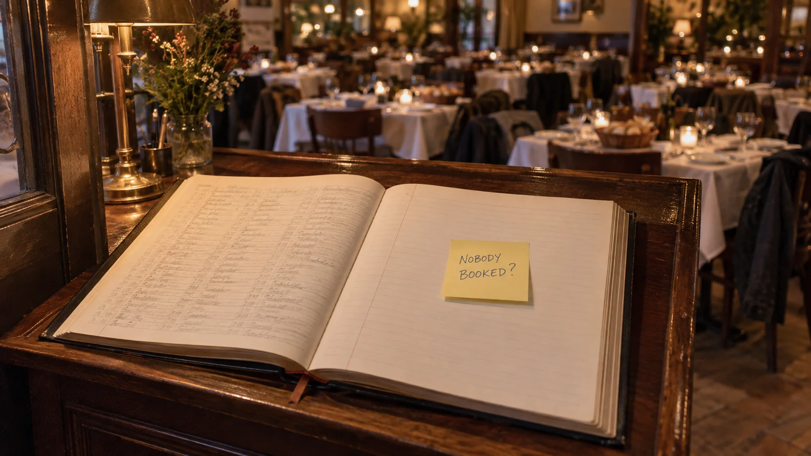 A restaurant reservation book with yesterday's page full of names and today's page blank except a sticky note reading NOBODY BOOKED?, in front of a packed dining room