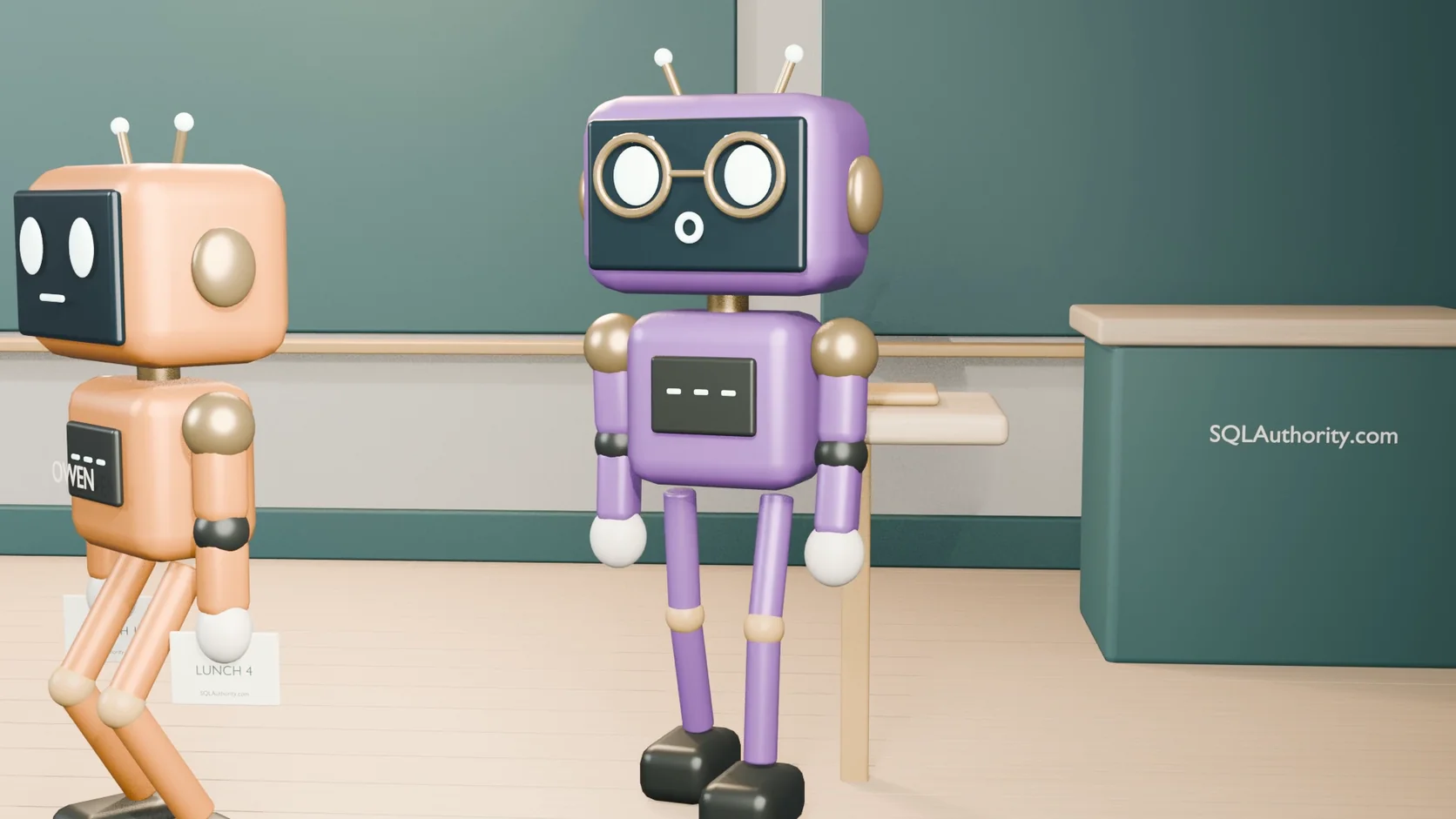 Owen, the orange robot, walks off holding a ticket marked LUNCH 4 while a purple robot with round glasses stares in surprise.