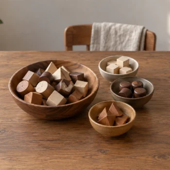 Mixed wooden pieces in one shallow bowl beside three small bowls containing sorted matching pieces.