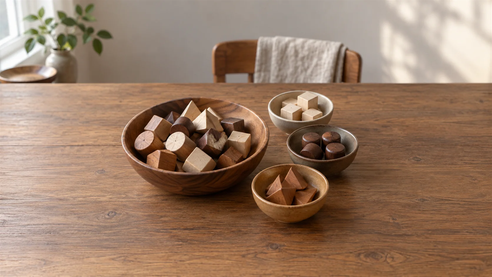 Mixed wooden pieces in one shallow bowl beside three small bowls containing sorted matching pieces.