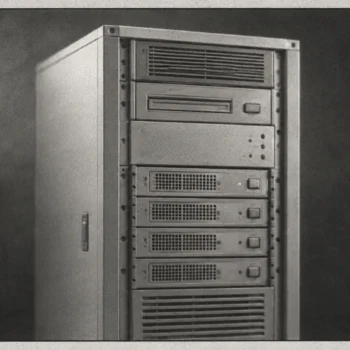 A newspaper obituary portrait in soft black and white of a server rack from the late 1990s, slightly out of focus, with a small black border.