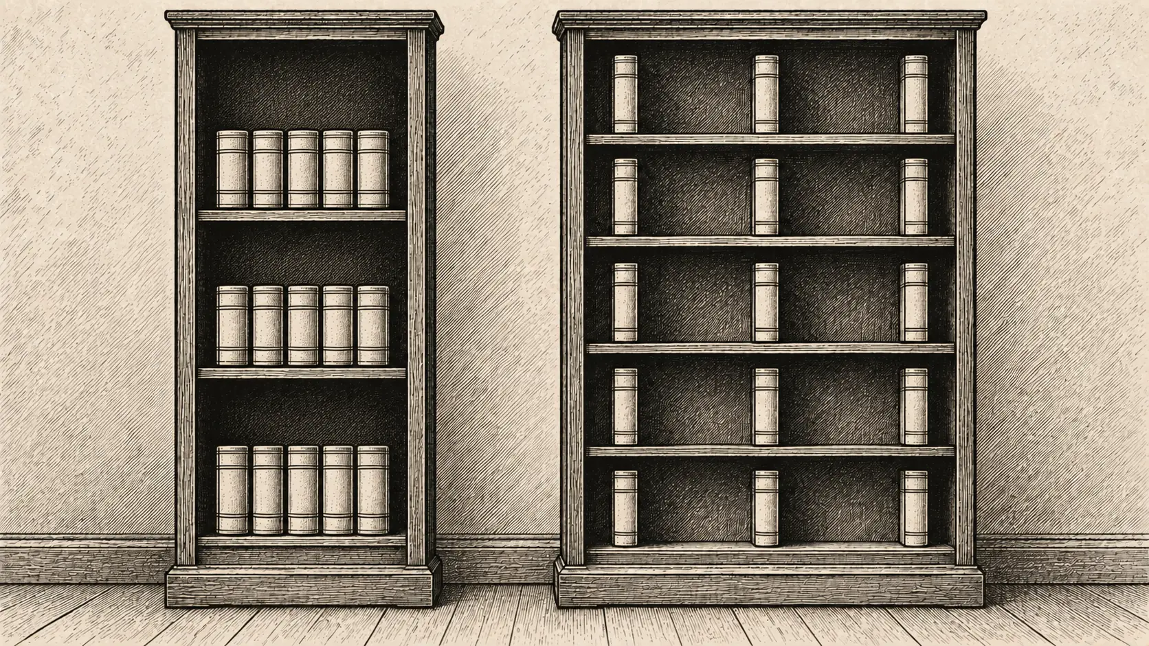 An obituary page illustration of two bookshelves, one with books packed tight, the other with the same books spaced out across more shelves.