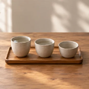 Three simple ceramic cups containing different amounts of water on a small wooden tray.