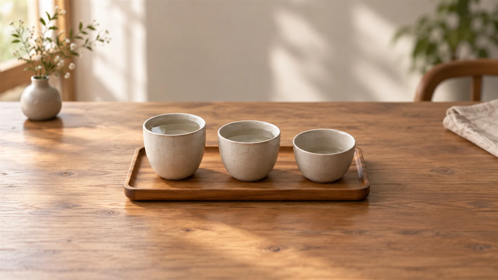 Three simple ceramic cups containing different amounts of water on a small wooden tray.