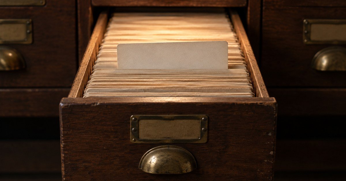 An open card index drawer packed with cards, one standing proud of the rest