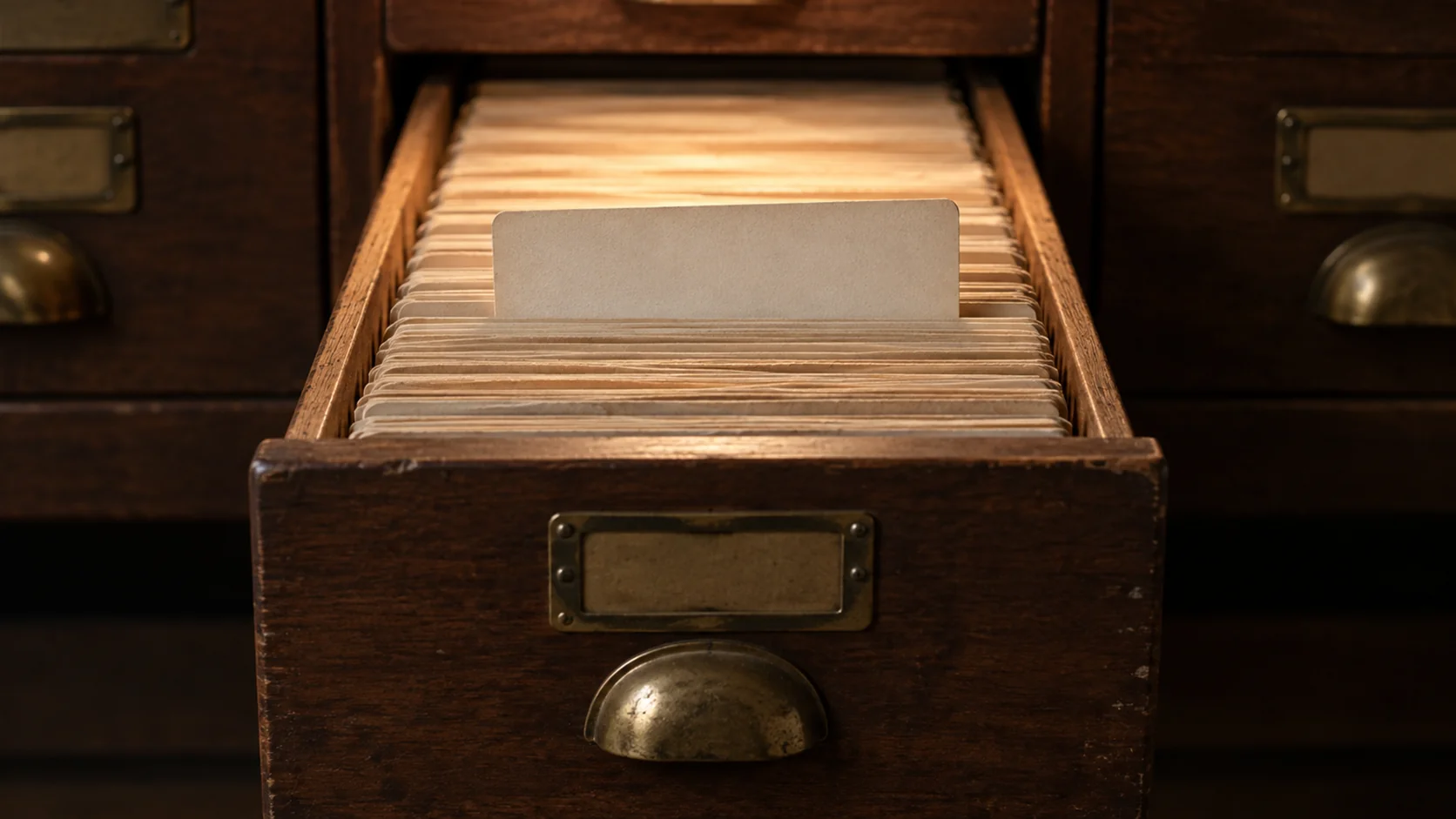 An open card index drawer packed with cards, one standing proud of the rest