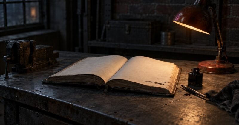 An open ledger on a dark workbench lit by a single red desk lamp
