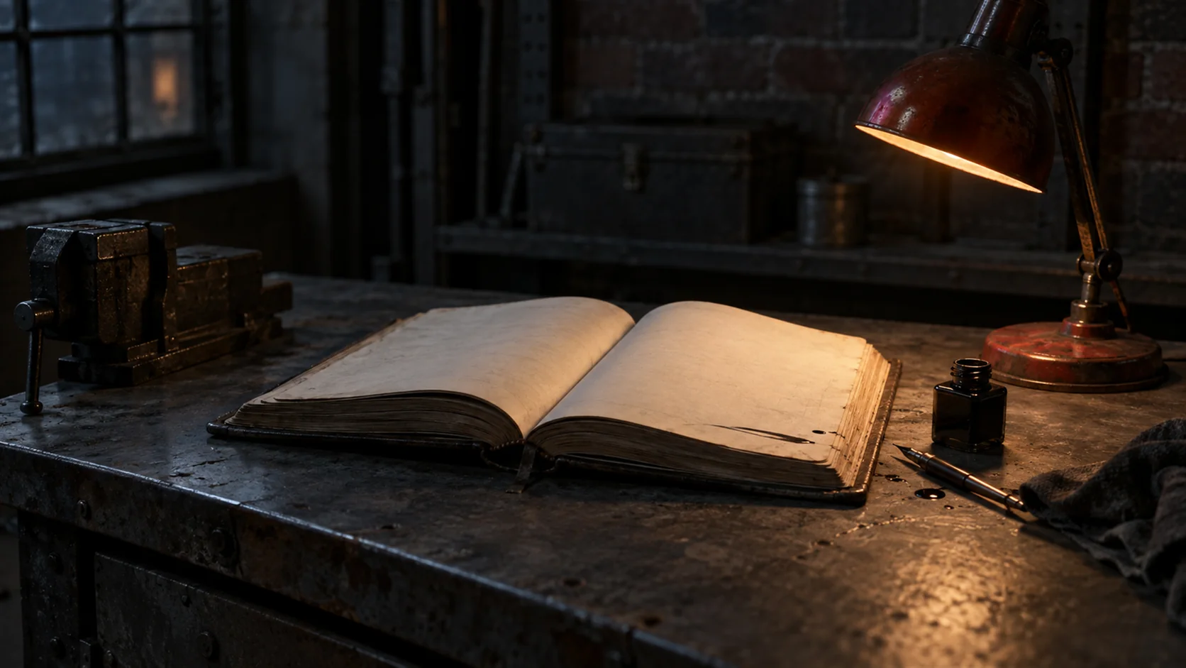 An open ledger on a dark workbench lit by a single red desk lamp