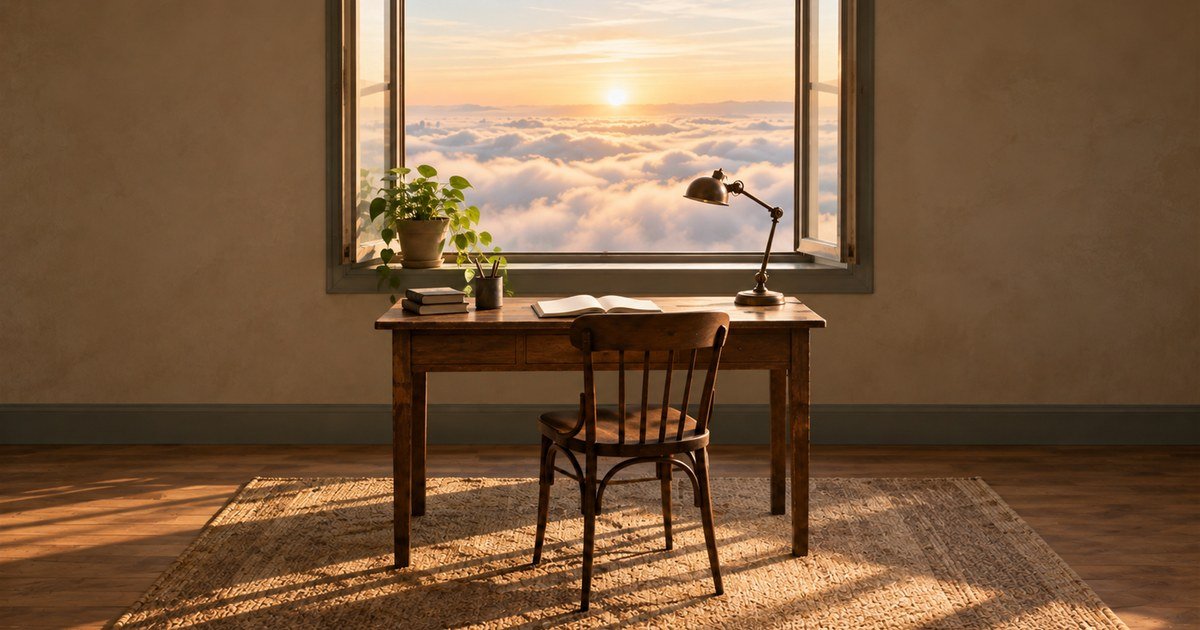 An open office window looking out onto low morning cloud, a plant on the sill