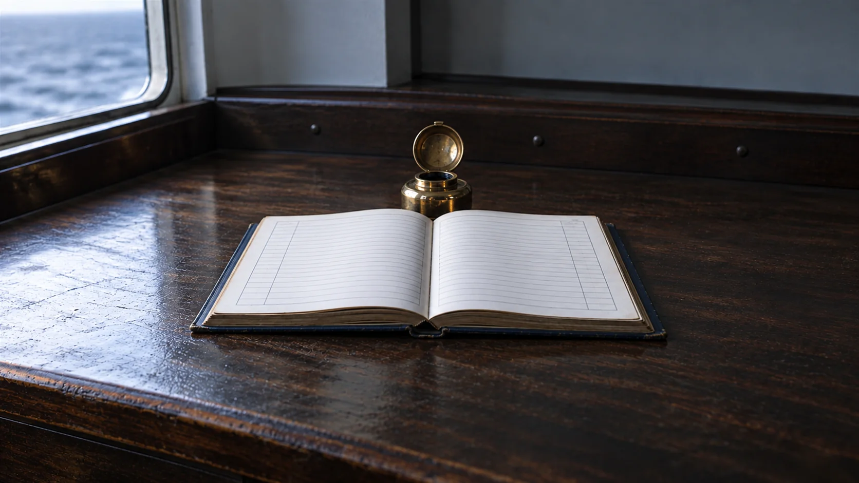 An open ruled logbook lying on a dark wooden desk beside a small brass inkwell