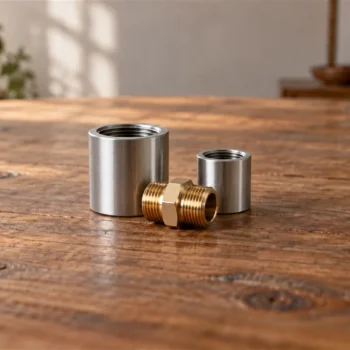 Two differently sized plain metal connectors resting beside a matching adapter on a wooden table.