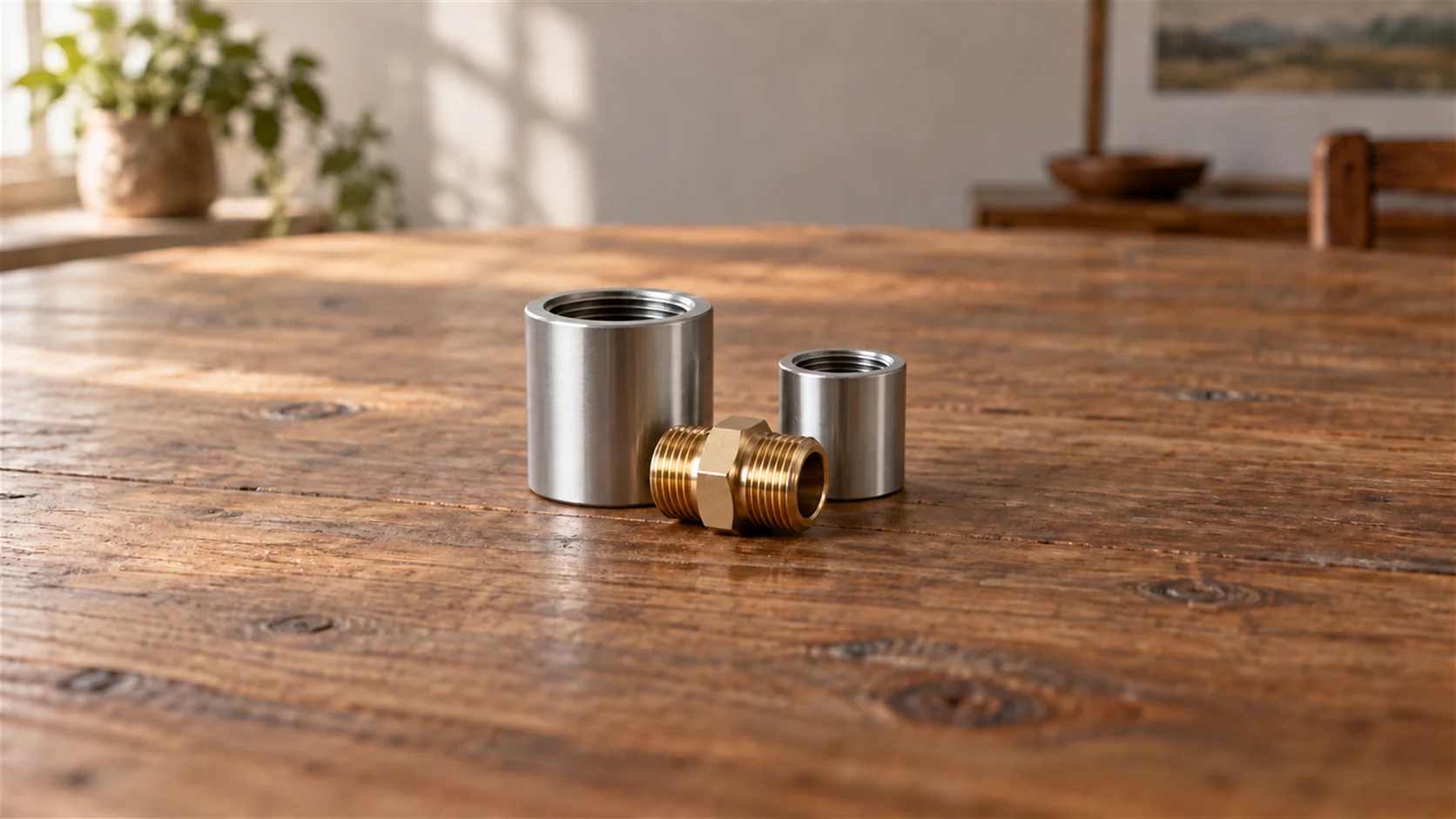 Two differently sized plain metal connectors resting beside a matching adapter on a wooden table.