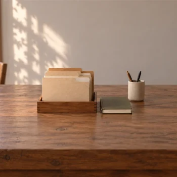 Several plain paper folders arranged in a small wooden tray beside a closed notebook.