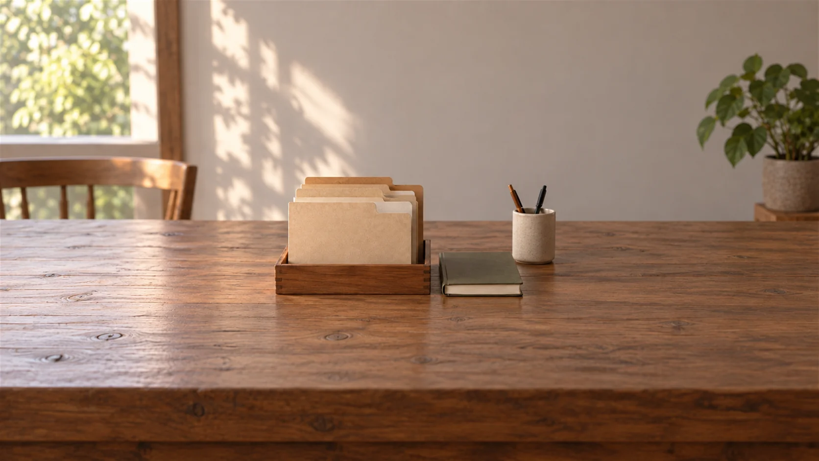 Several plain paper folders arranged in a small wooden tray beside a closed notebook.