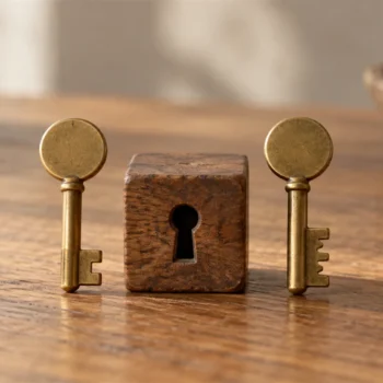 Two plain brass keys with different teeth beside a small wooden lock block on a table.