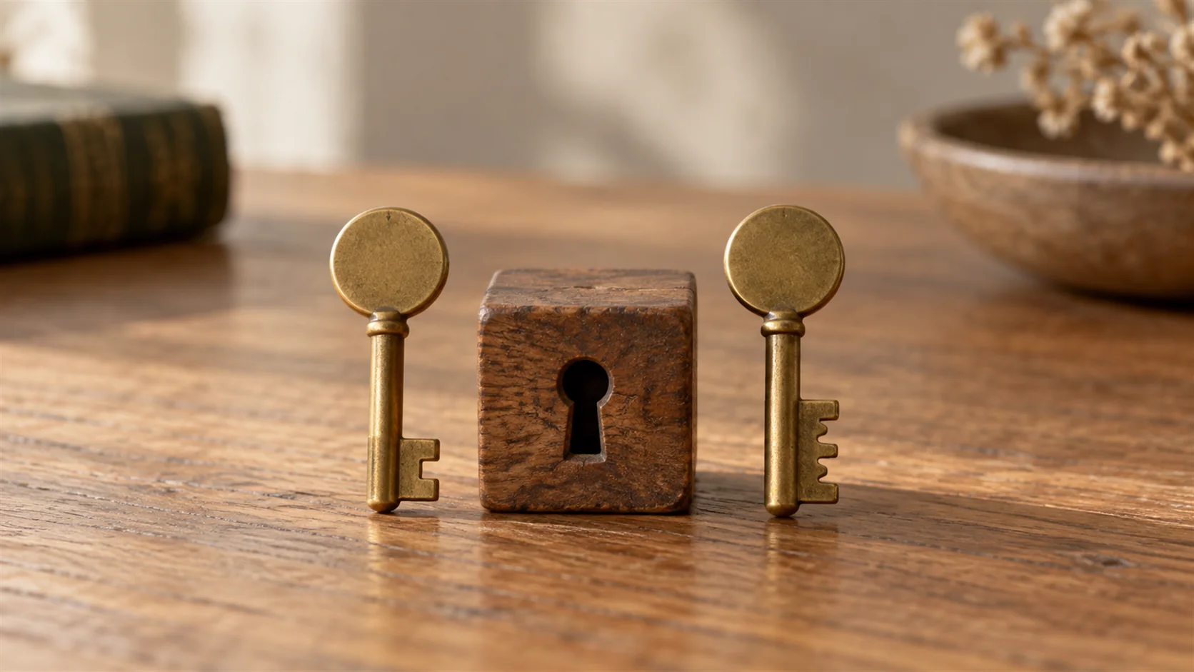 Two plain brass keys with different teeth beside a small wooden lock block on a table.