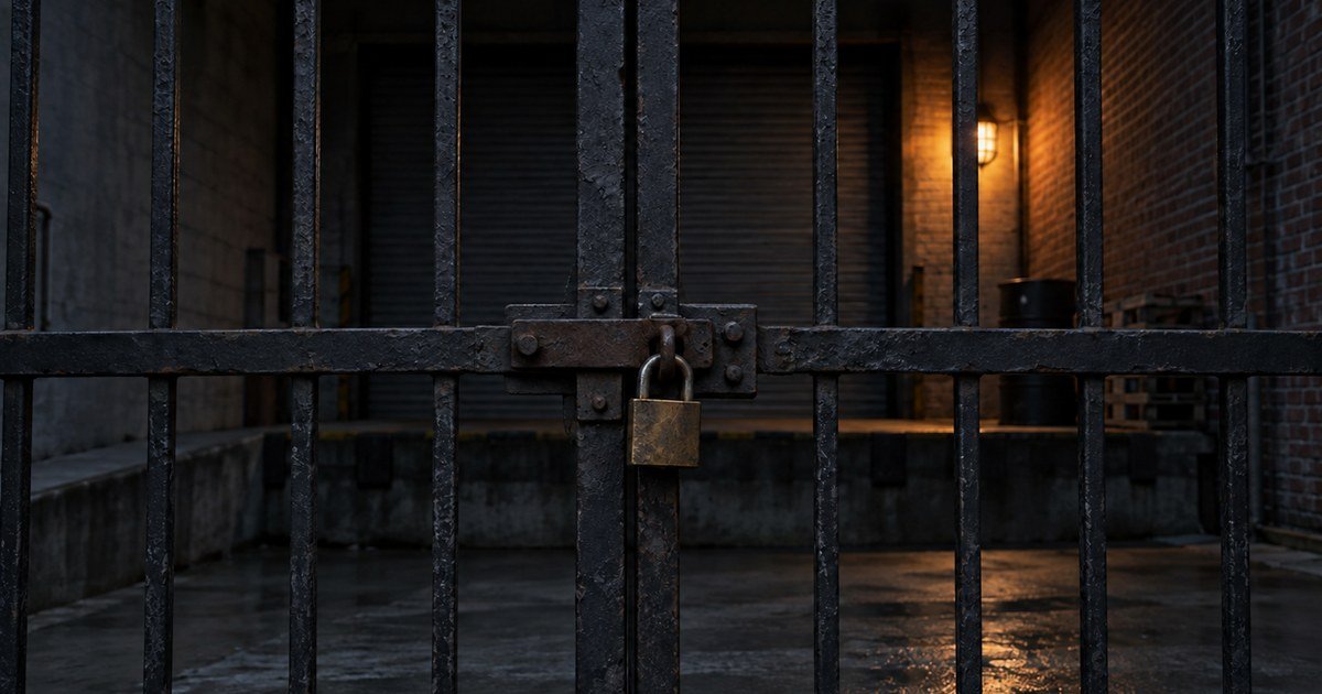 A padlocked iron gate across a loading bay lit by one amber wall lamp