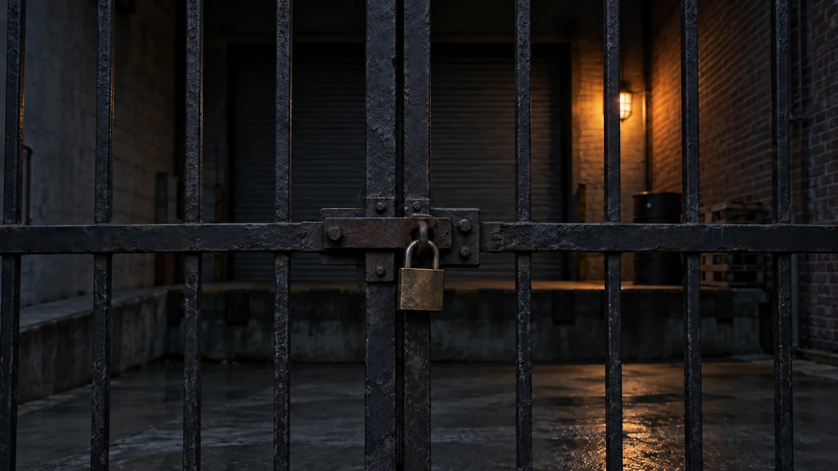 A padlocked iron gate across a loading bay lit by one amber wall lamp