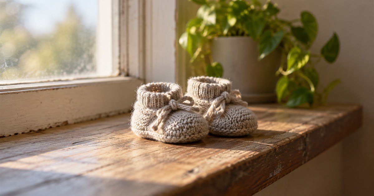 A pair of small knitted baby shoes on a sunlit wooden windowsill