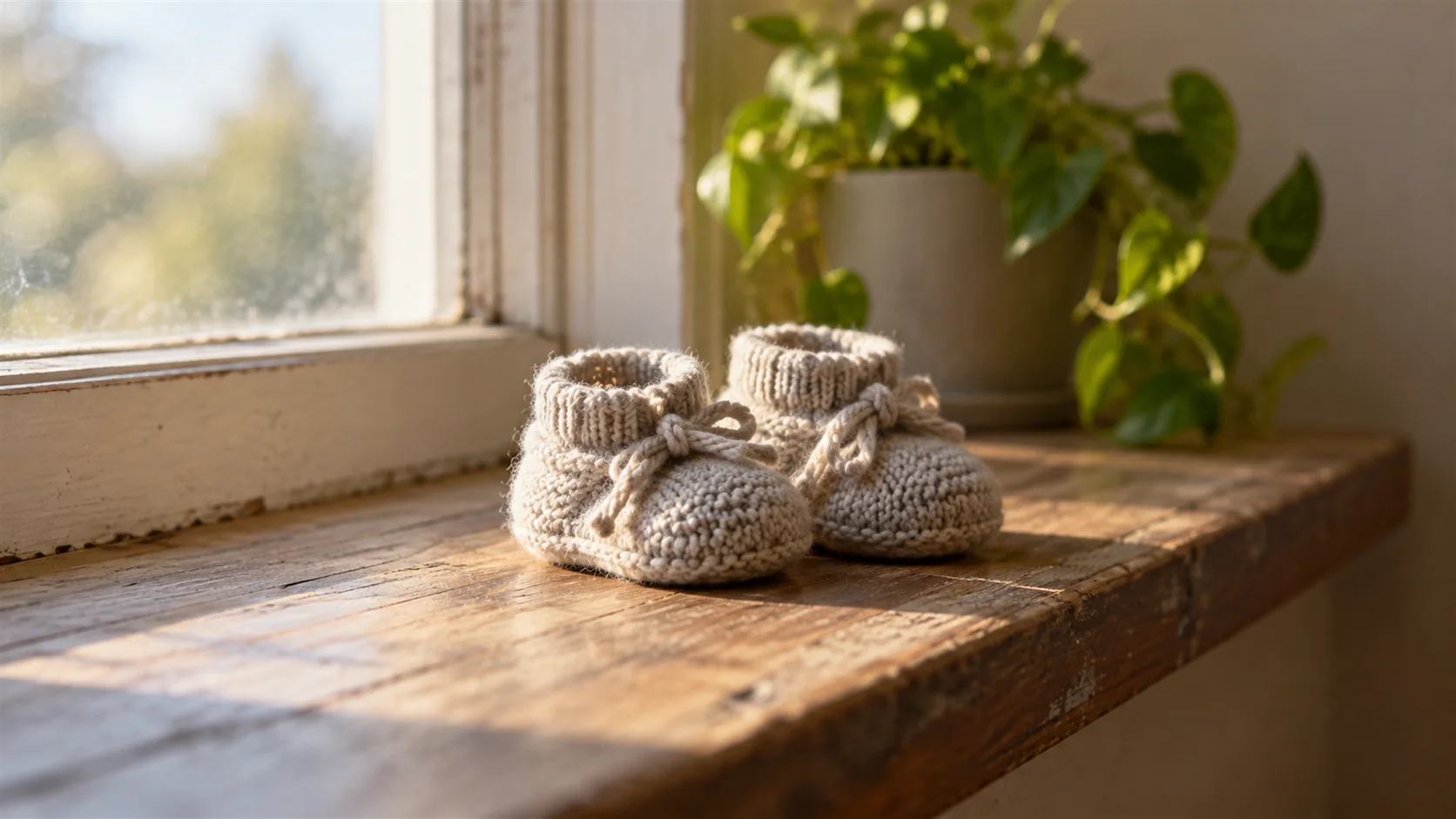A pair of small knitted baby shoes on a sunlit wooden windowsill