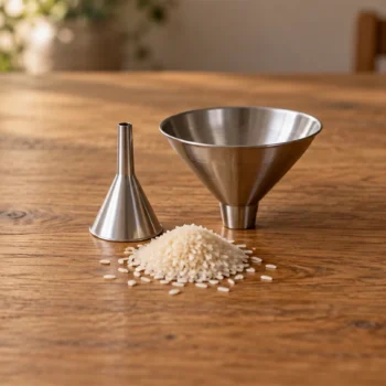 A narrow funnel and a wide funnel stand beside different piles of dry grains.
