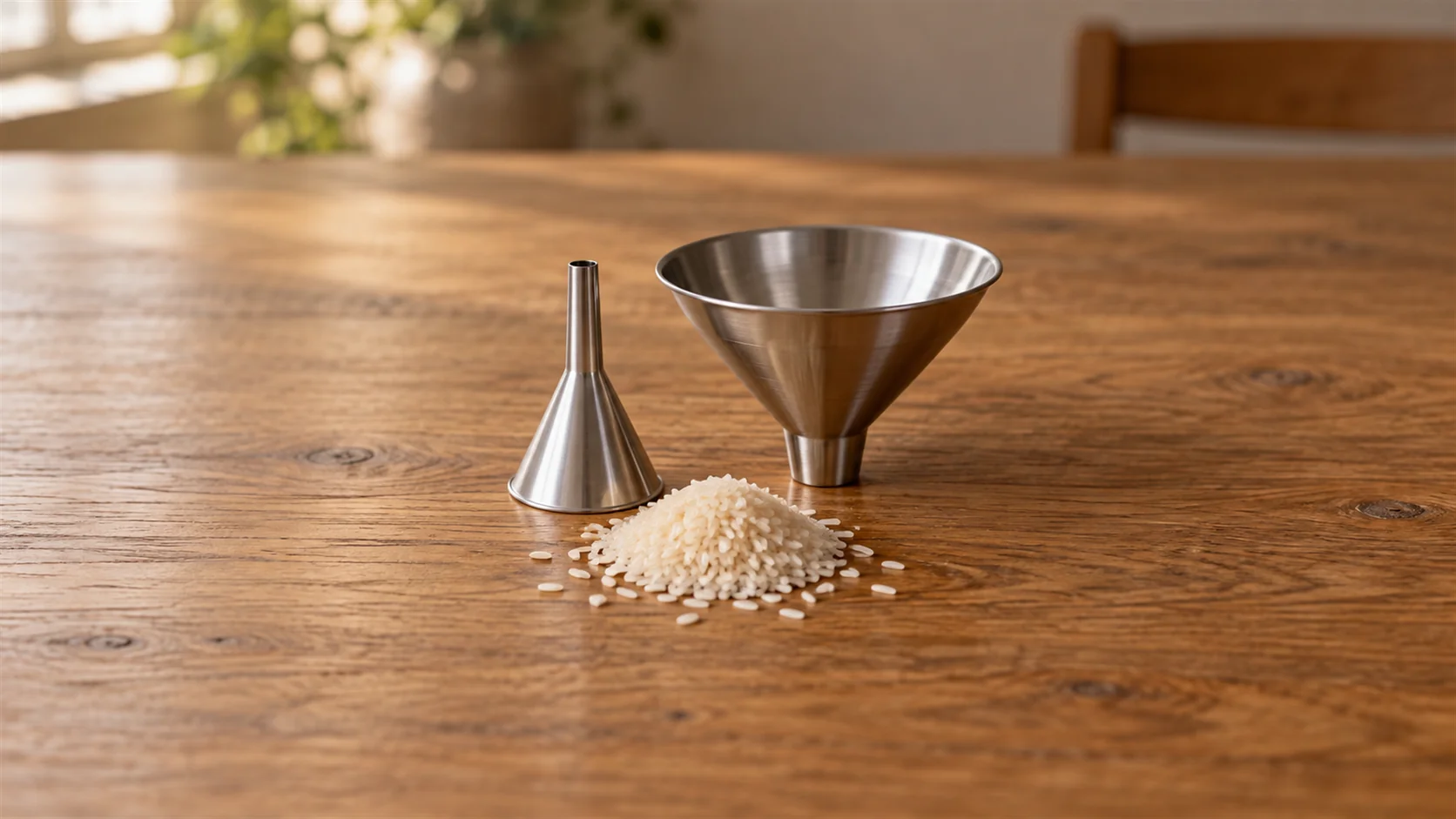 A narrow funnel and a wide funnel stand beside different piles of dry grains.