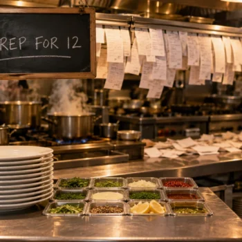 A restaurant kitchen set up for a quiet night with twelve plates under a chalkboard reading PREP FOR 12, while the ticket rail above the pass overflows with orders