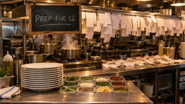 A restaurant kitchen set up for a quiet night with twelve plates under a chalkboard reading PREP FOR 12, while the ticket rail above the pass overflows with orders