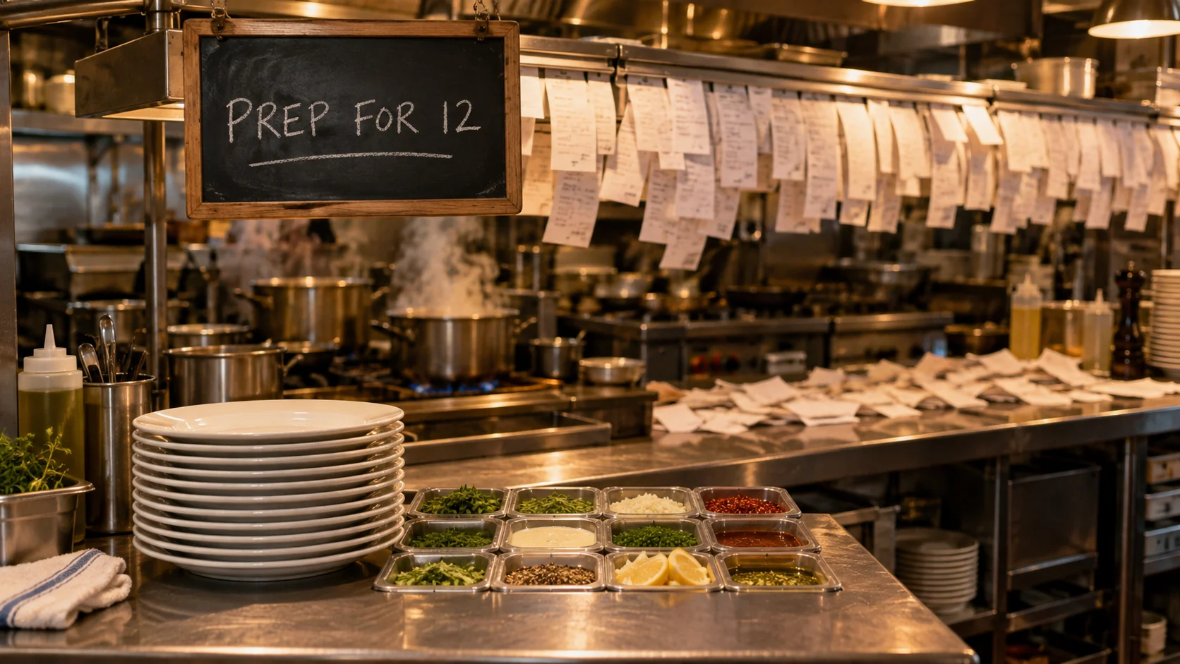 A restaurant kitchen set up for a quiet night with twelve plates under a chalkboard reading PREP FOR 12, while the ticket rail above the pass overflows with orders