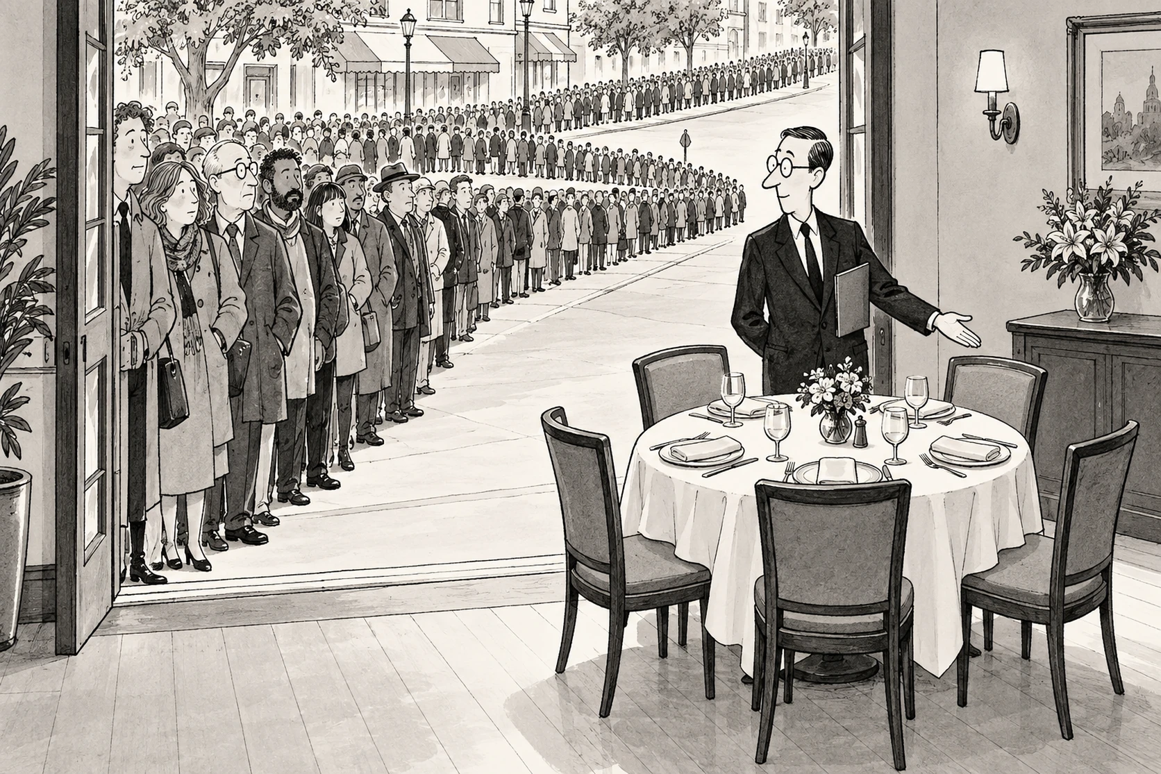 Cartoon of a restaurant table laid for five, with a queue of hundreds stretching out of the door, being shown to it politely.