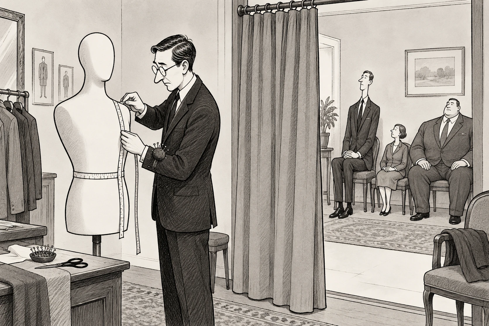 Cartoon of a tailor carefully measuring a featureless mannequin while the real customers of every size wait unmeasured next door.