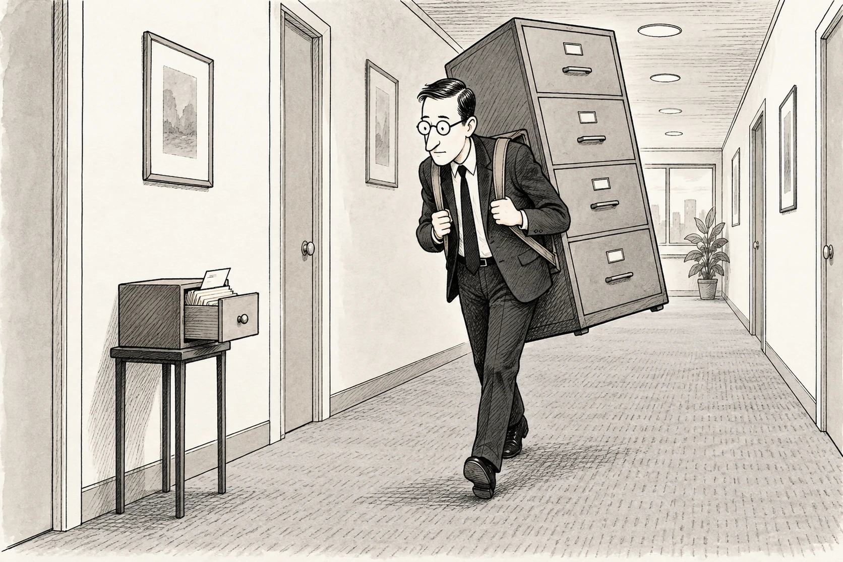 Cartoon of a figure carrying an entire filing cabinet on its back down a corridor, walking straight past an open card index.