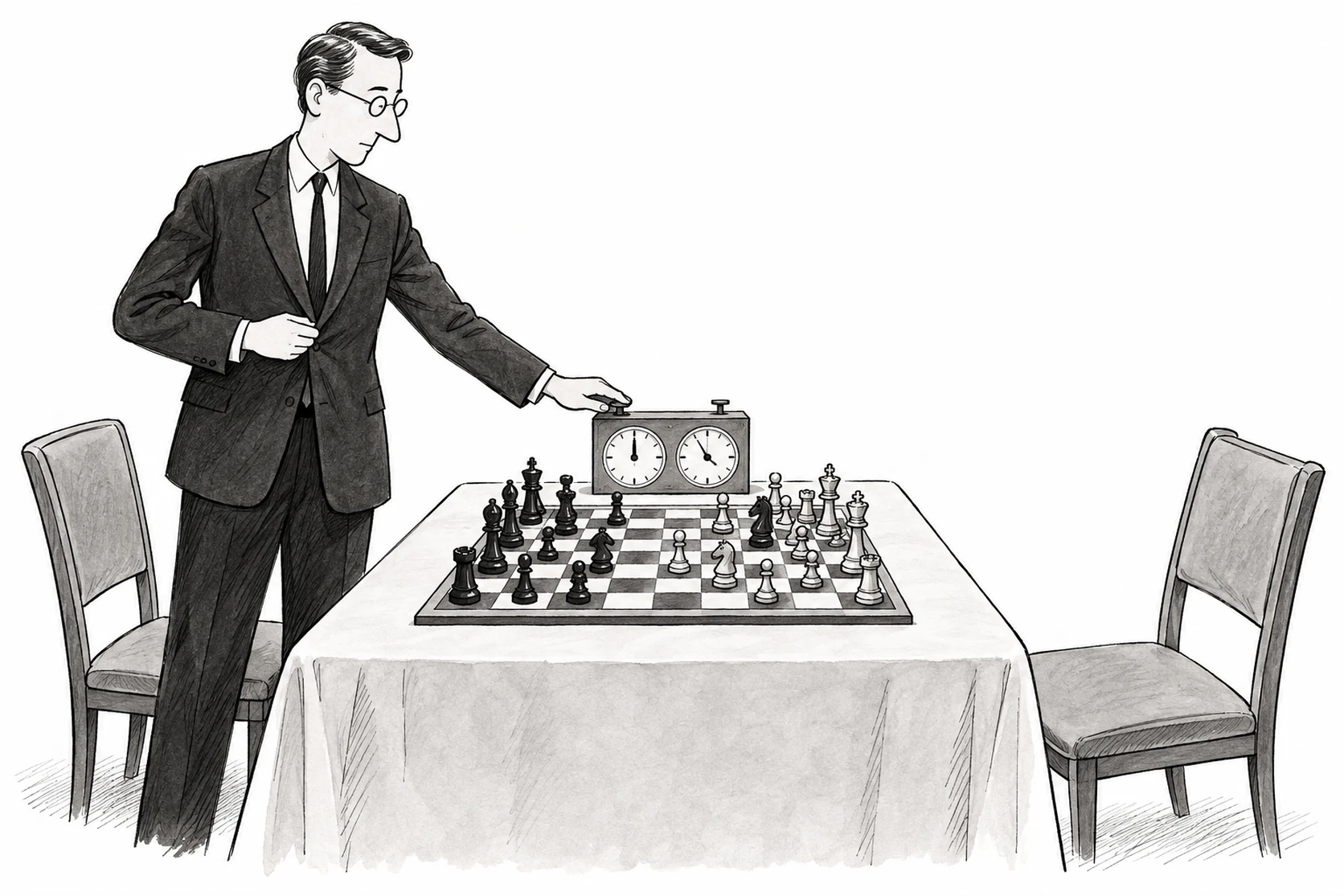 Cartoon of a figure in a suit standing up from a chess board mid game, buttoning its jacket, one hand coming down on the chess clock while the opponent's chair sits empty.