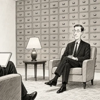 Cartoon of a calm figure in a dark suit sitting for an interview, with a wall of hundreds of unlabelled filing drawers behind it.