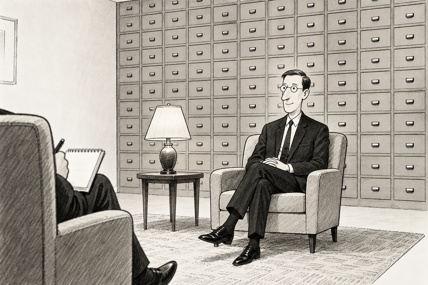 Cartoon of a calm figure in a dark suit sitting for an interview, with a wall of hundreds of unlabelled filing drawers behind it.