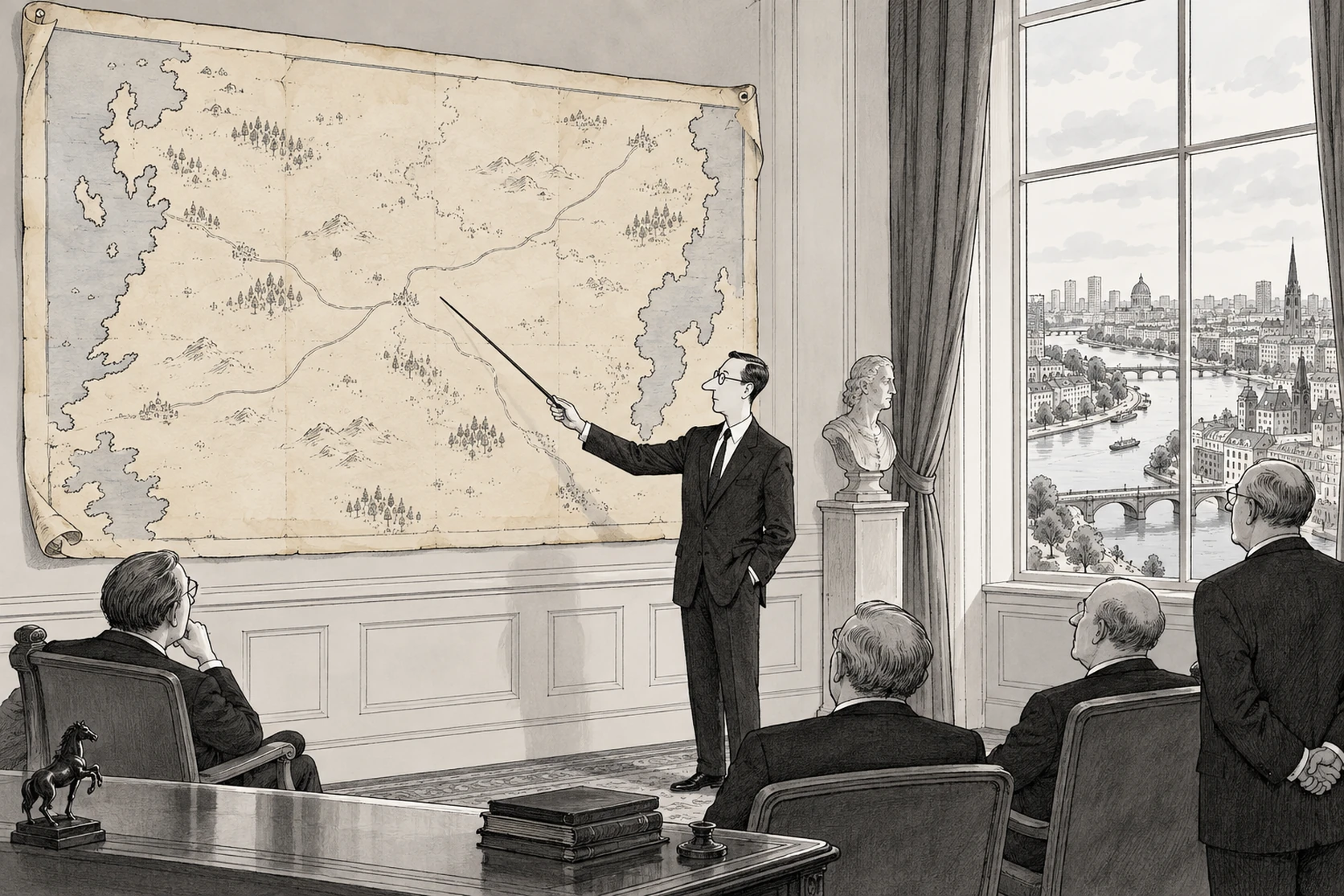 Cartoon of a figure confidently tracing a route on an enormous yellowed wall map, while the window behind shows a city that has changed.
