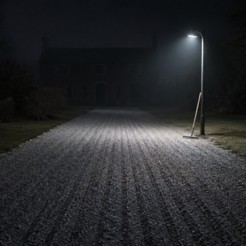 Gravel path illuminated at night.