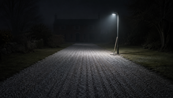 Gravel path illuminated at night.