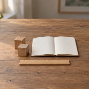 A plain measuring ruler beside two small wooden blocks and a blank notebook on a table.