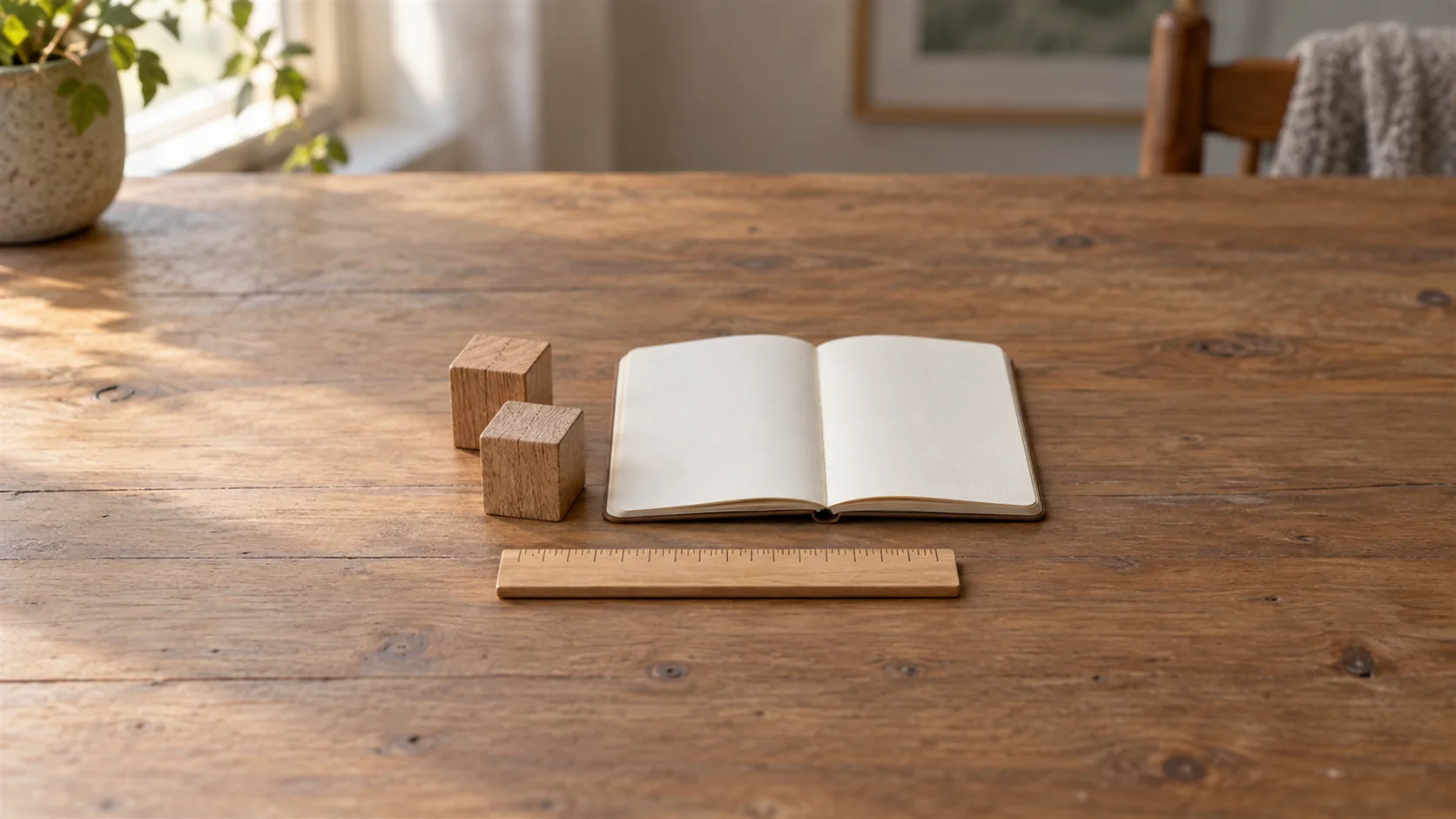 A plain measuring ruler beside two small wooden blocks and a blank notebook on a table.