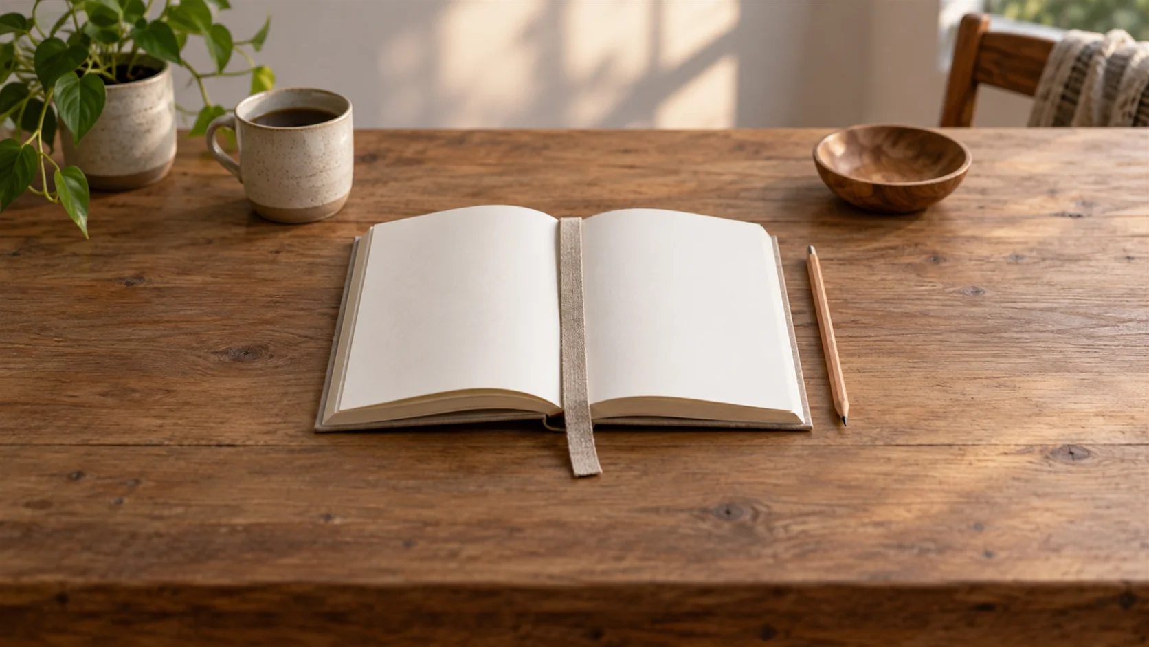 An open blank book with a plain fabric bookmark beside a natural wooden pencil on a quiet desk.
