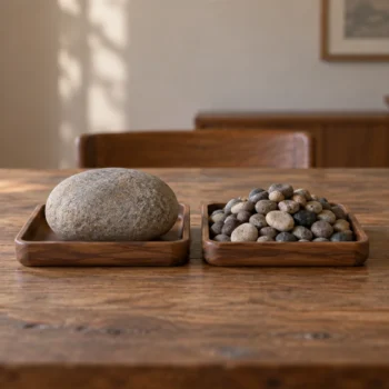 One large stone and a pile of small pebbles rest in separate shallow wooden trays.