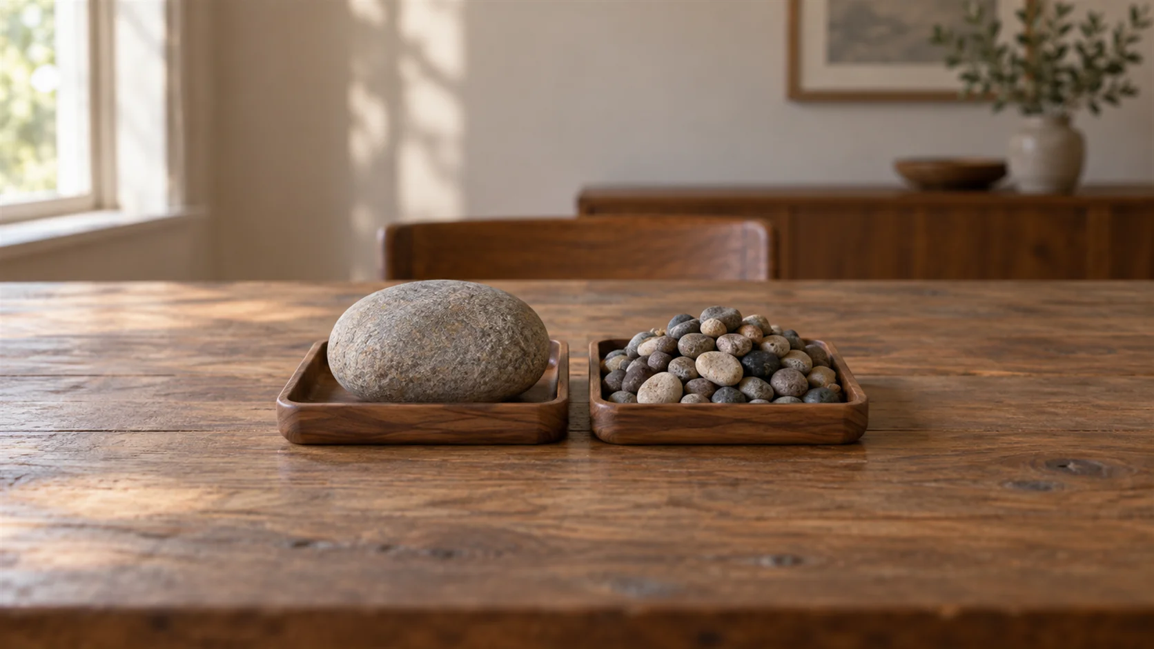 One large stone and a pile of small pebbles rest in separate shallow wooden trays.