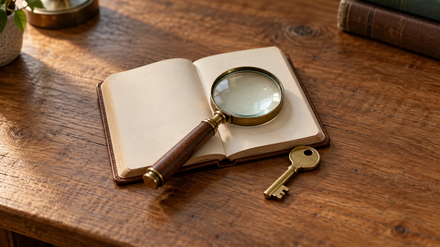 A magnifying glass beside a blank paper ledger and one plain brass key on a wooden desk.