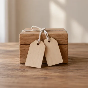 Two blank wooden tags attached to the same small wooden box with plain cotton string.