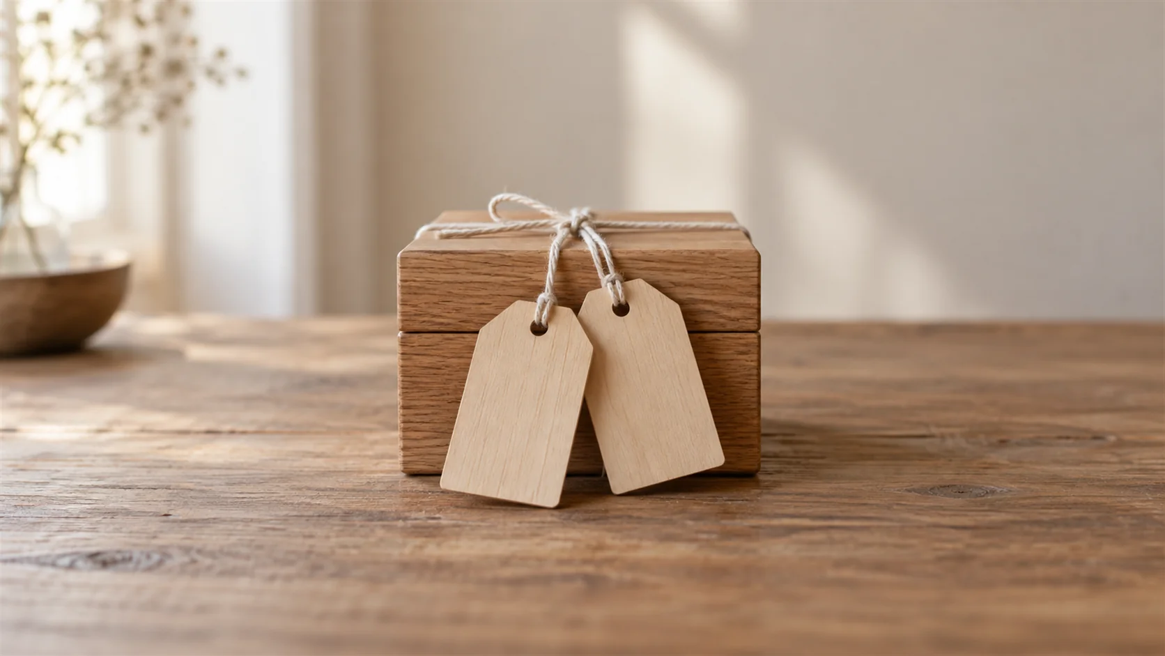 Two blank wooden tags attached to the same small wooden box with plain cotton string.